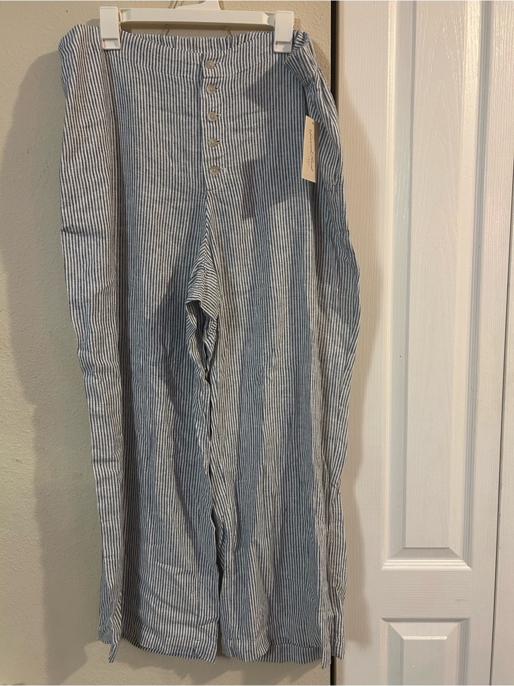 Striped Blue Wide-Leg women’s Pants with Button Fly